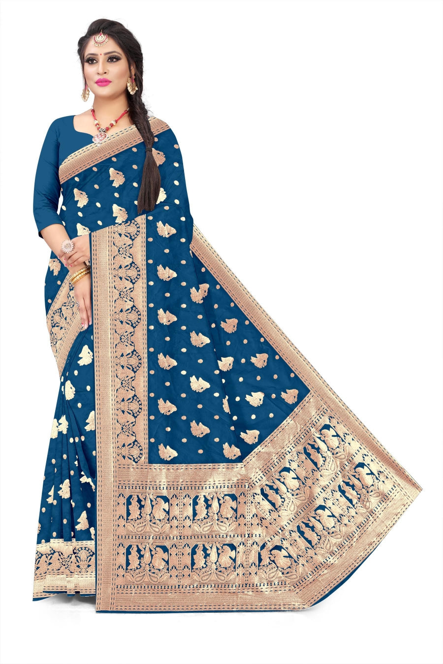 Soft Trendy Silk Jacquard butti Print Sari for Festive Look