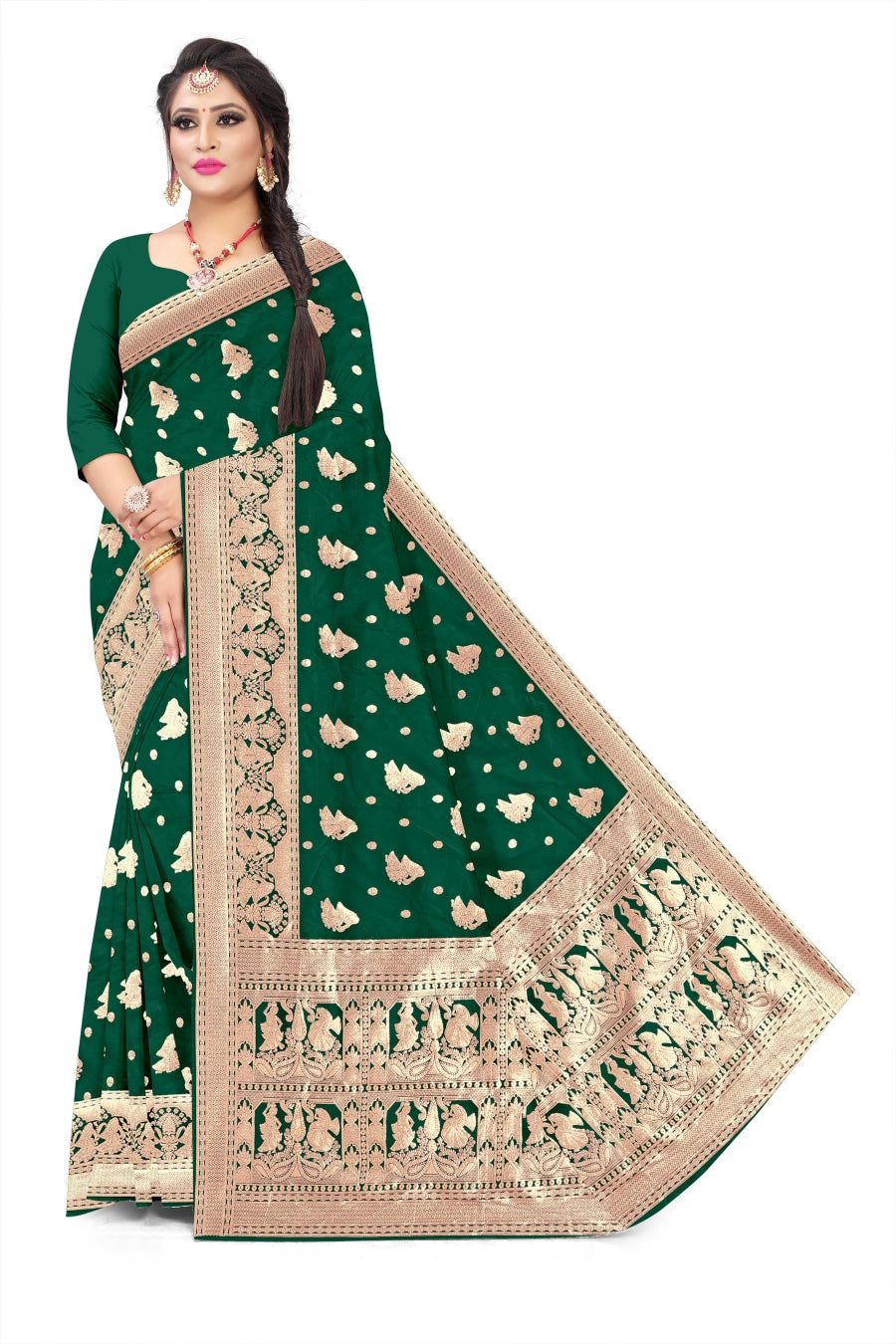 Soft Trendy Silk Jacquard butti Print Sari for Festive Look
