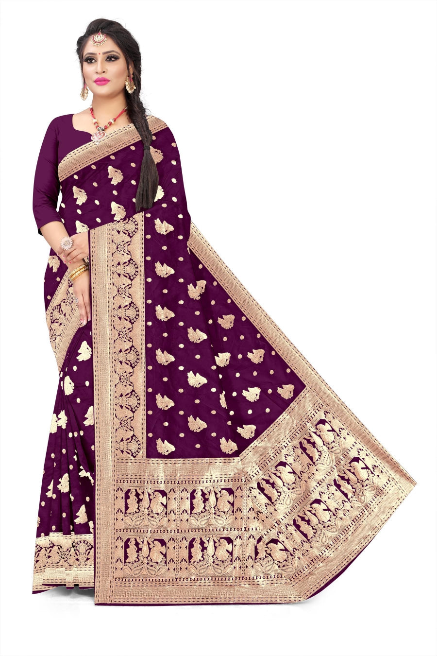 Soft Trendy Silk Jacquard butti Print Sari for Festive Look