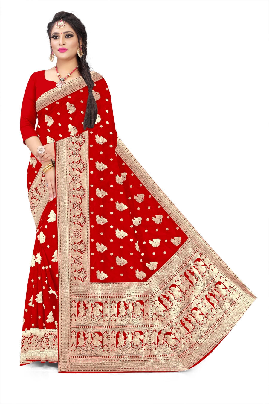 Soft Trendy Silk Jacquard butti Print Sari for Festive Look