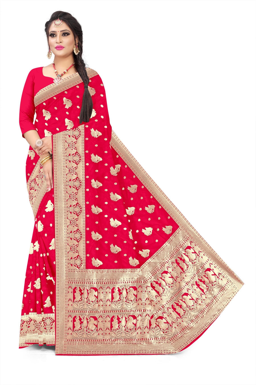 Soft Trendy Silk Jacquard butti Print Sari for Festive Look