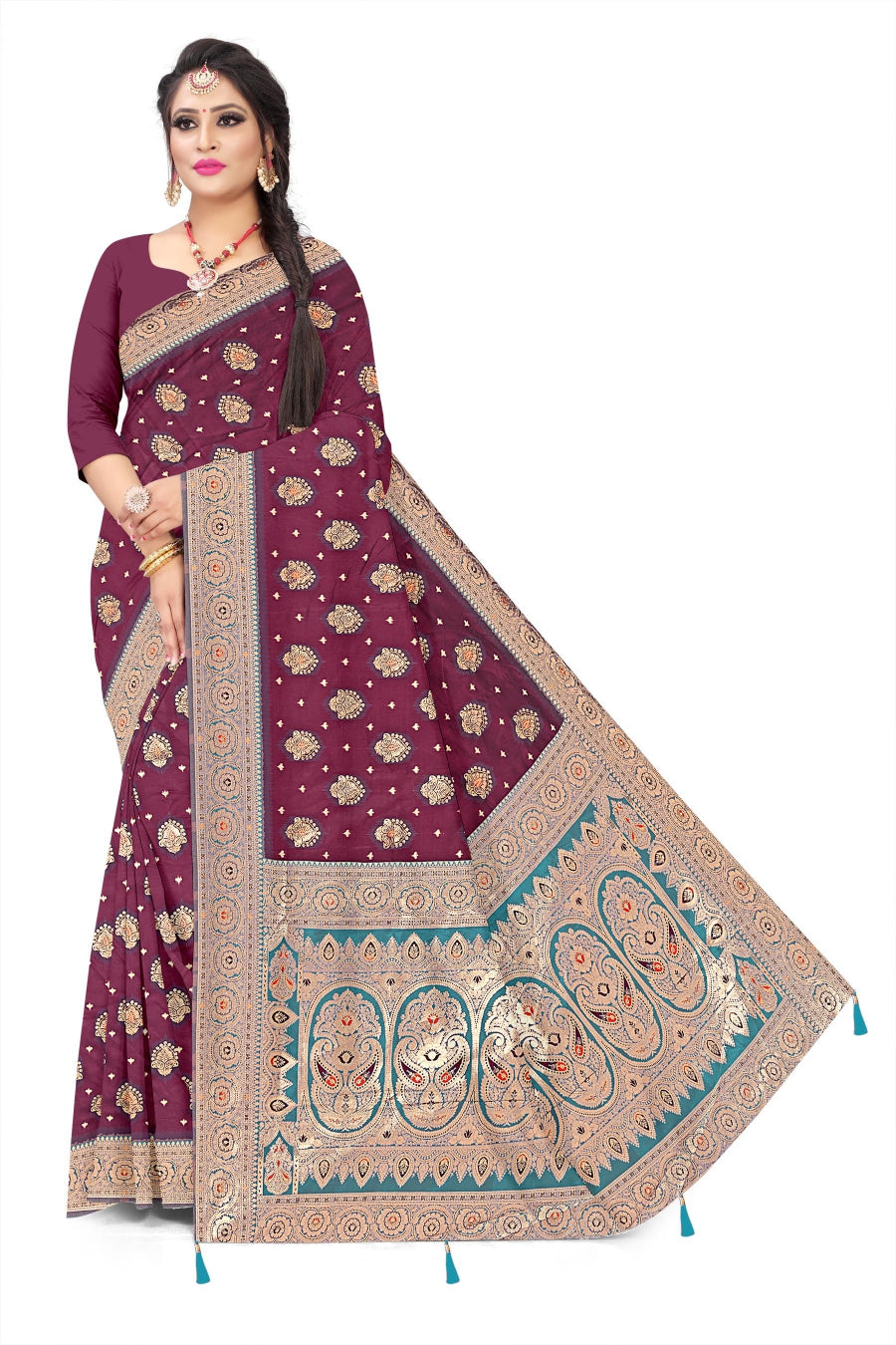 Jacquard Floral Butti Pashmina Elegant Sari for Festive Wear
