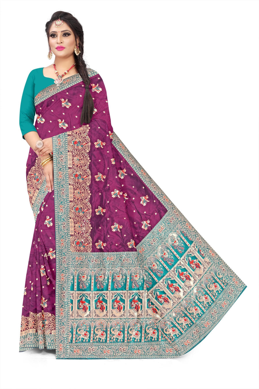 Jacquard Pashmina Peacock Girl Print Elegant Sari with Zari Work for Festive Wear