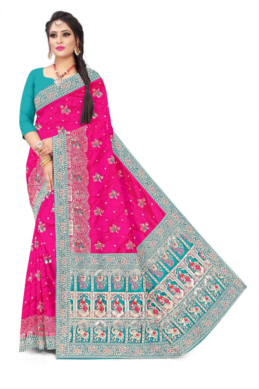 Jacquard Pashmina Peacock Girl Print Elegant Sari with Zari Work for Festive Wear