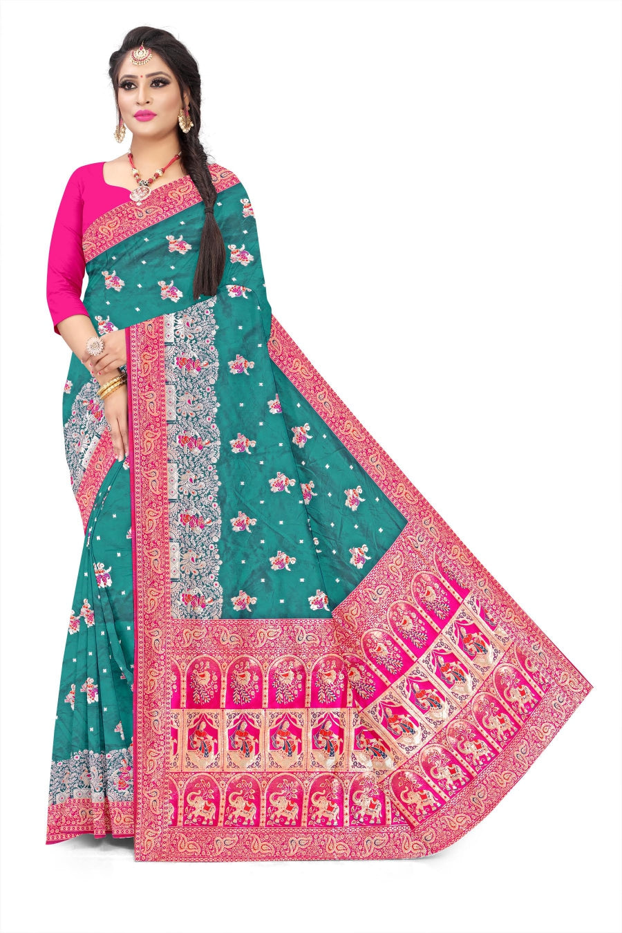 Jacquard Pashmina Peacock Girl Print Elegant Sari with Zari Work for Festive Wear