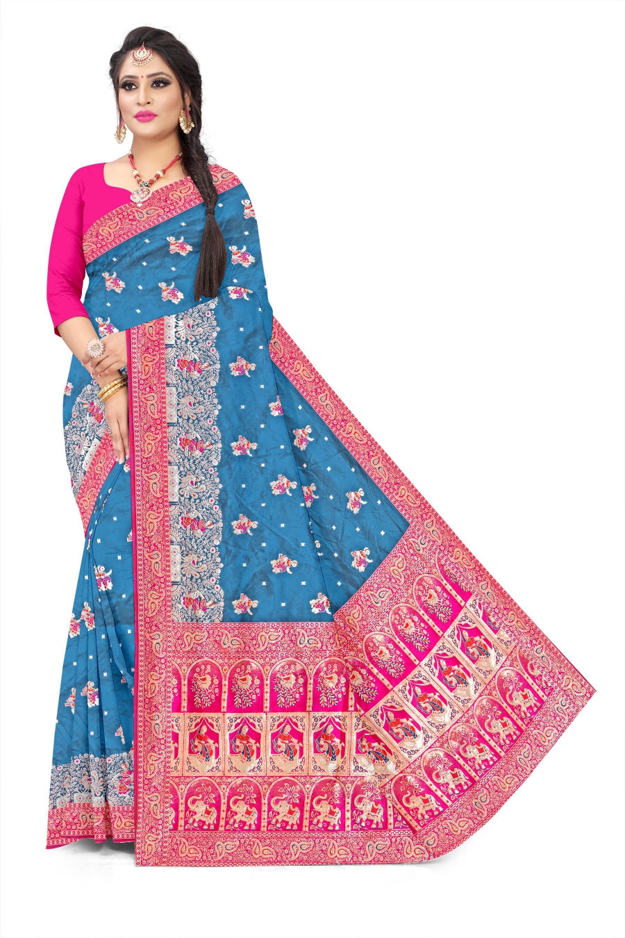 Jacquard Pashmina Peacock Girl Print Elegant Sari with Zari Work for Festive Wear
