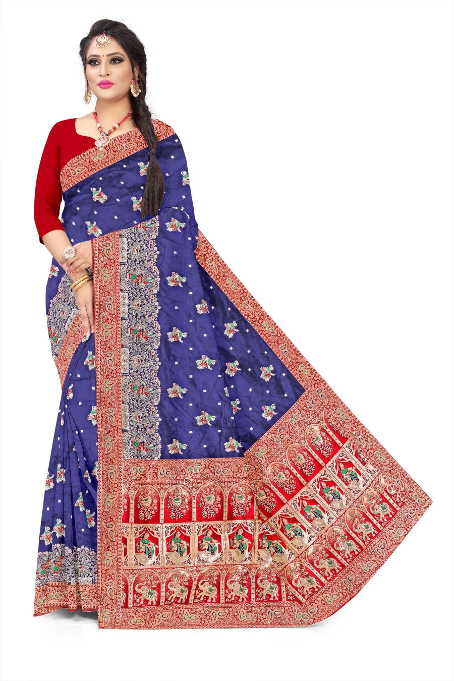 Jacquard Pashmina Peacock Girl Print Elegant Sari with Zari Work for Festive Wear