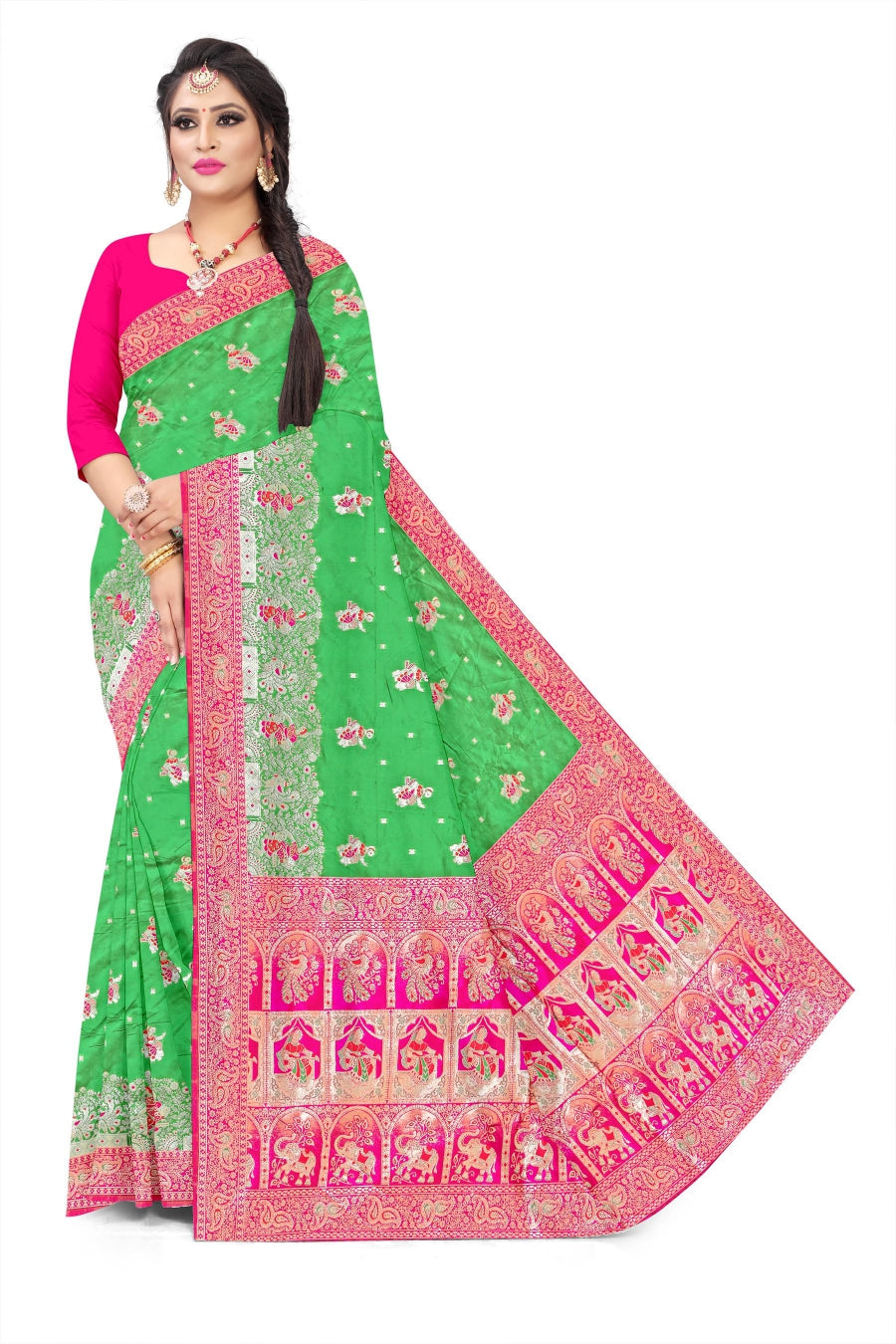Jacquard Pashmina Peacock Girl Print Elegant Sari with Zari Work for Festive Wear
