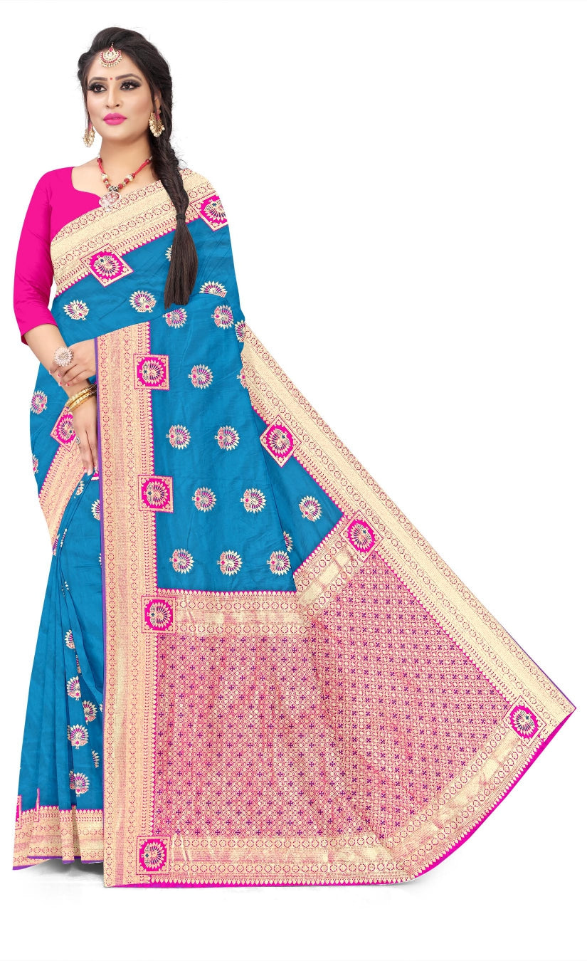 Soft Trendy Silk Jacquard Mor Butti Print Sari for Festive Look