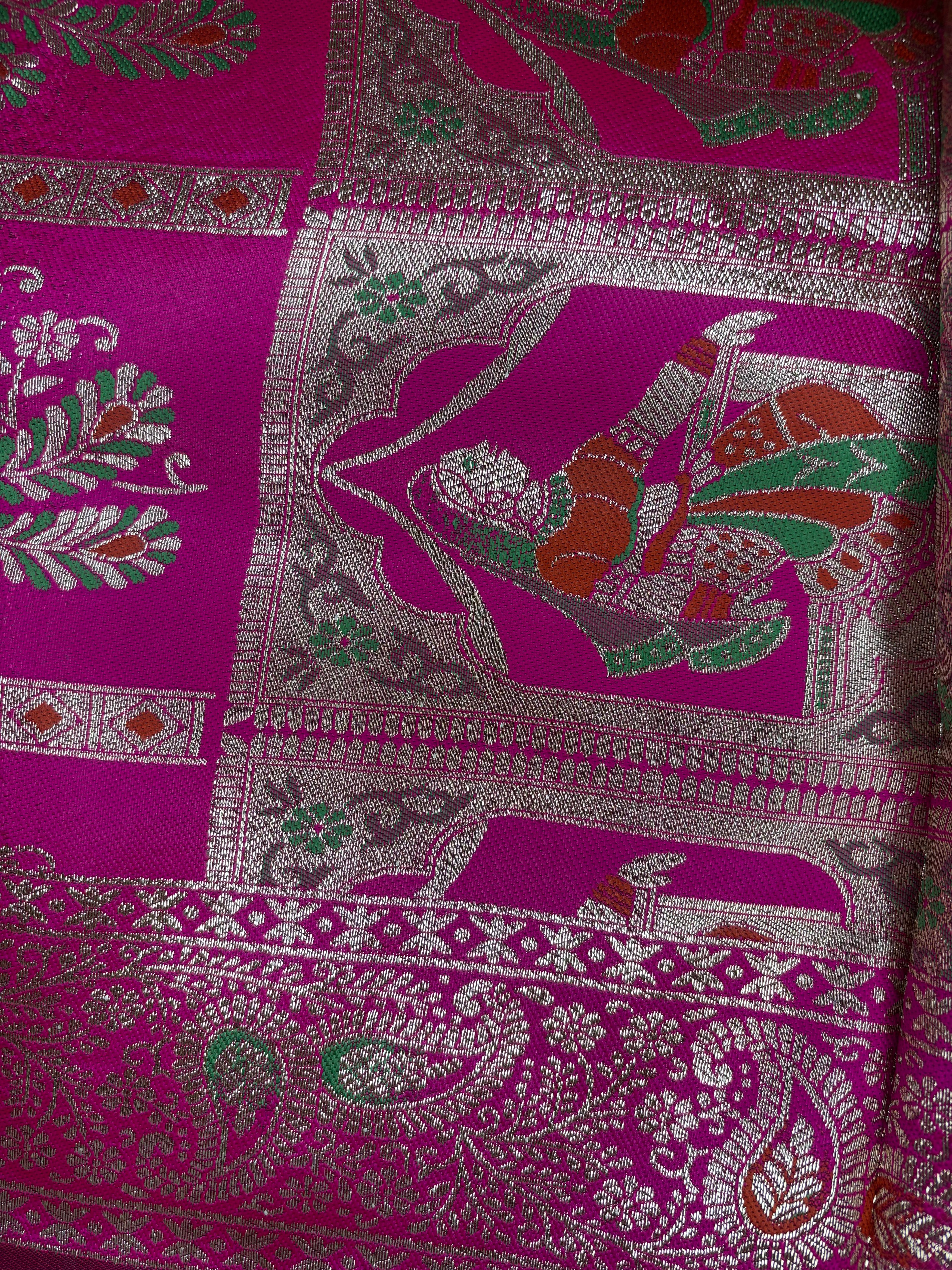 Jacquard Pashmina Peacock Girl Print Elegant Sari with Zari Work for Festive Wear