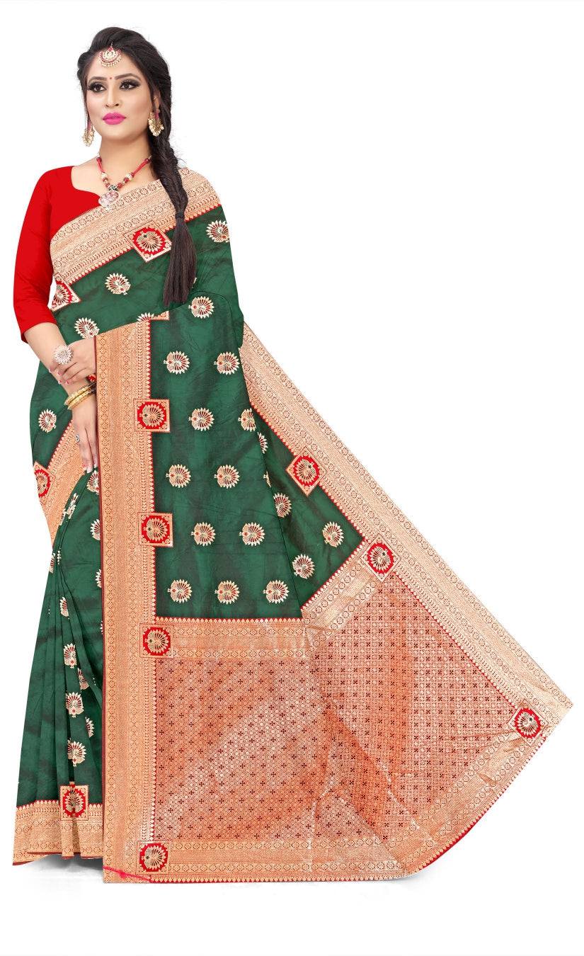 Soft Trendy Silk Jacquard Mor Butti Print Sari for Festive Look