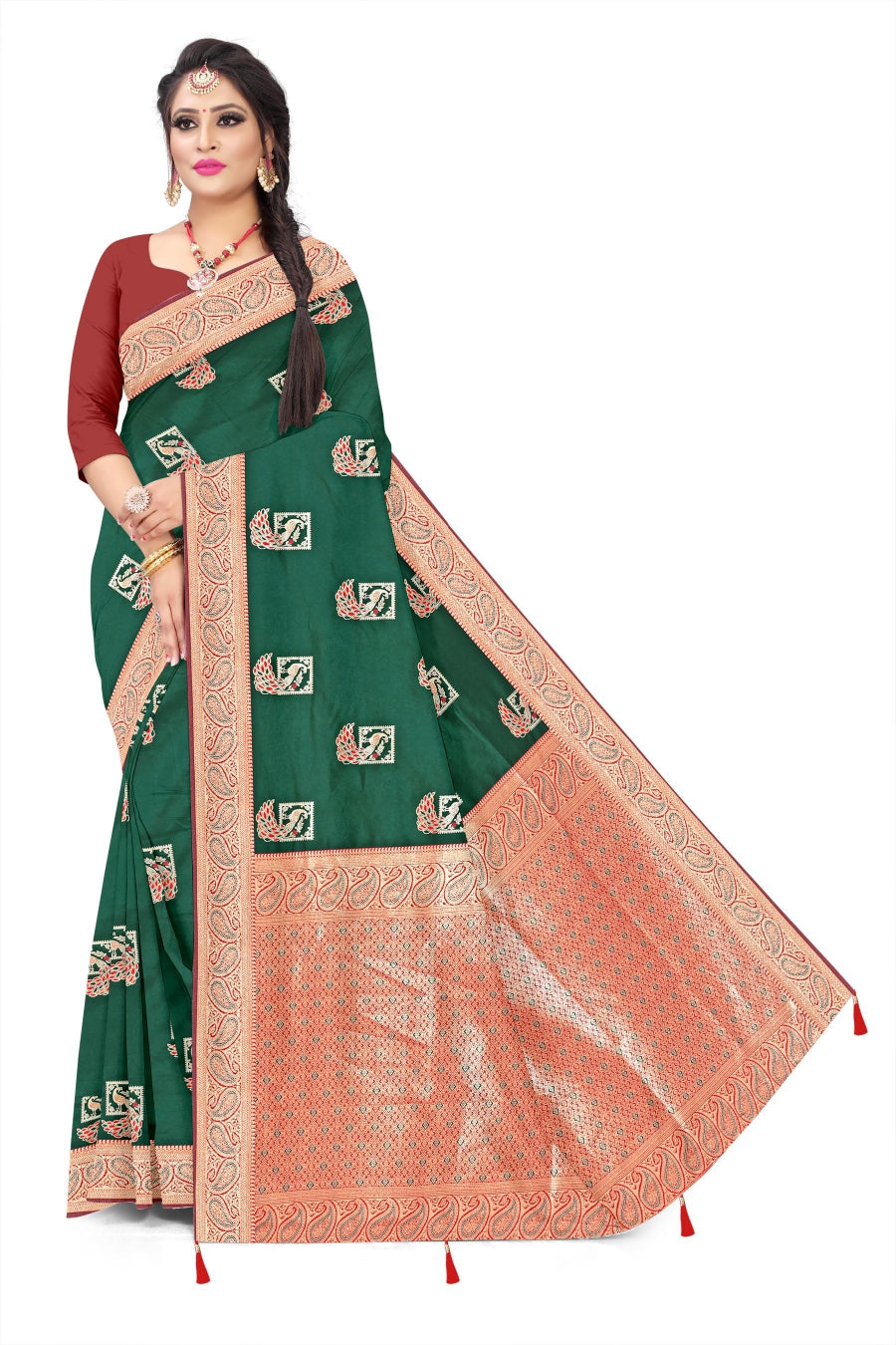 Soft Trendy Silk Jacquard peacock Print Sari for Festive Look