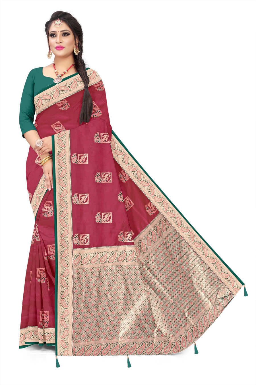 Soft Trendy Silk Jacquard peacock Print Sari for Festive Look