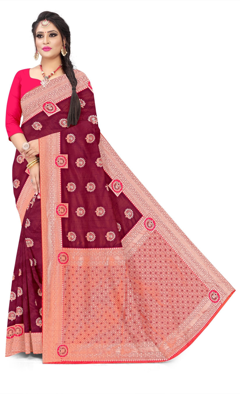 Soft Trendy Silk Jacquard Mor Butti Print Sari for Festive Look
