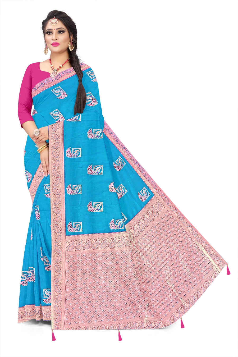 Soft Trendy Silk Jacquard peacock Print Sari for Festive Look