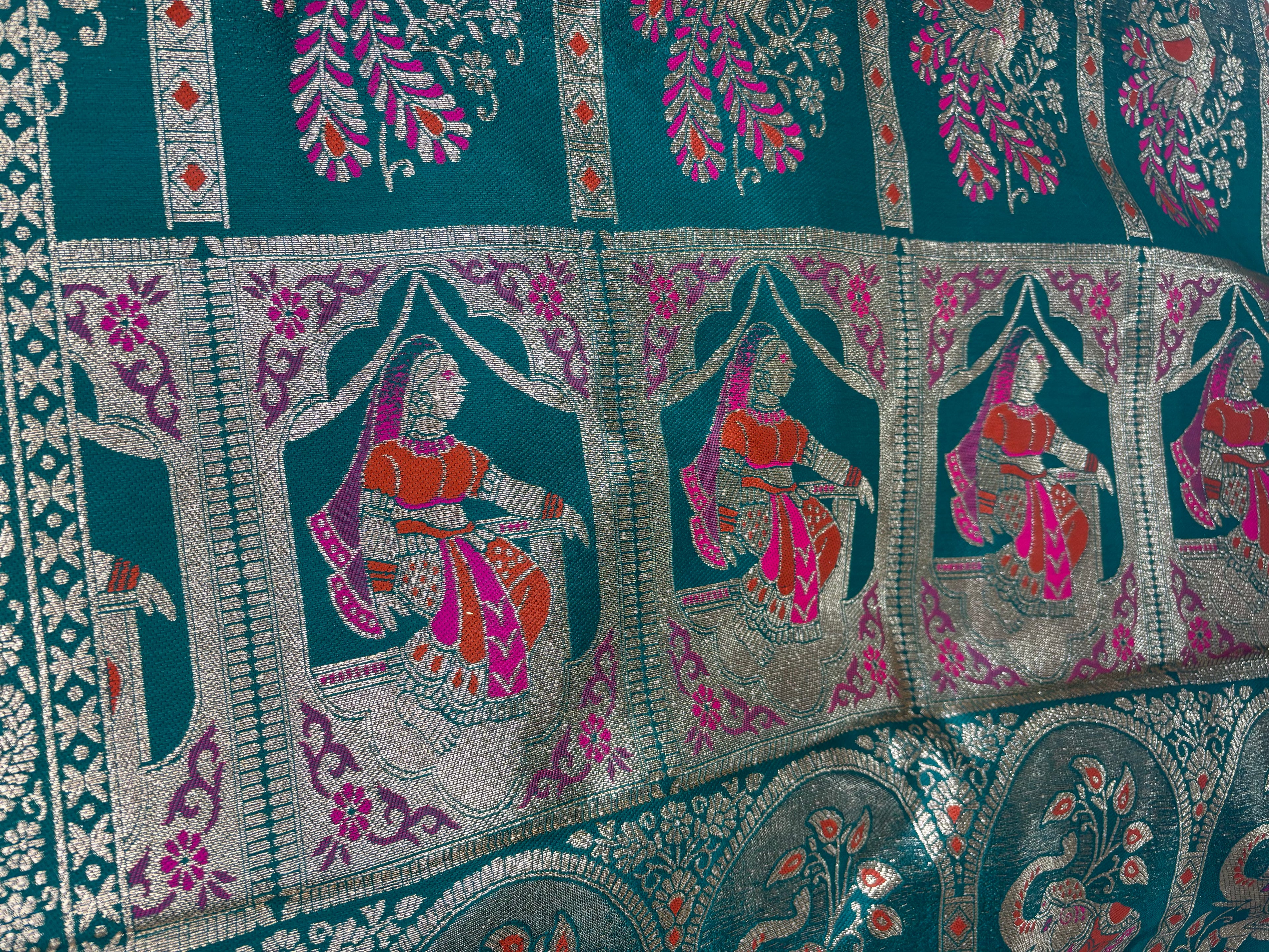 Jacquard Pashmina Peacock Girl Print Elegant Sari with Zari Work for Festive Wear