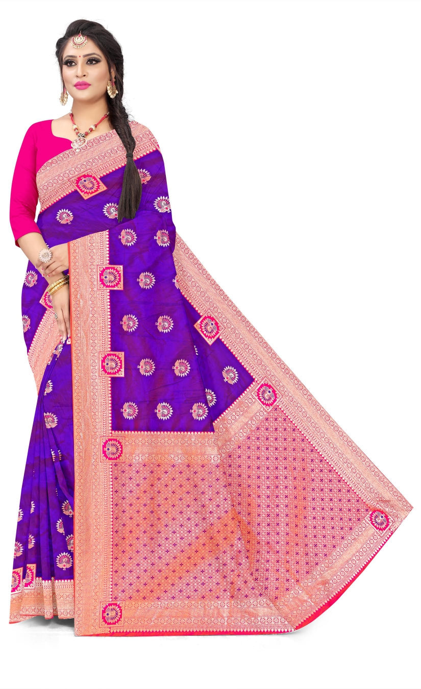 Soft Trendy Silk Jacquard Mor Butti Print Sari for Festive Look