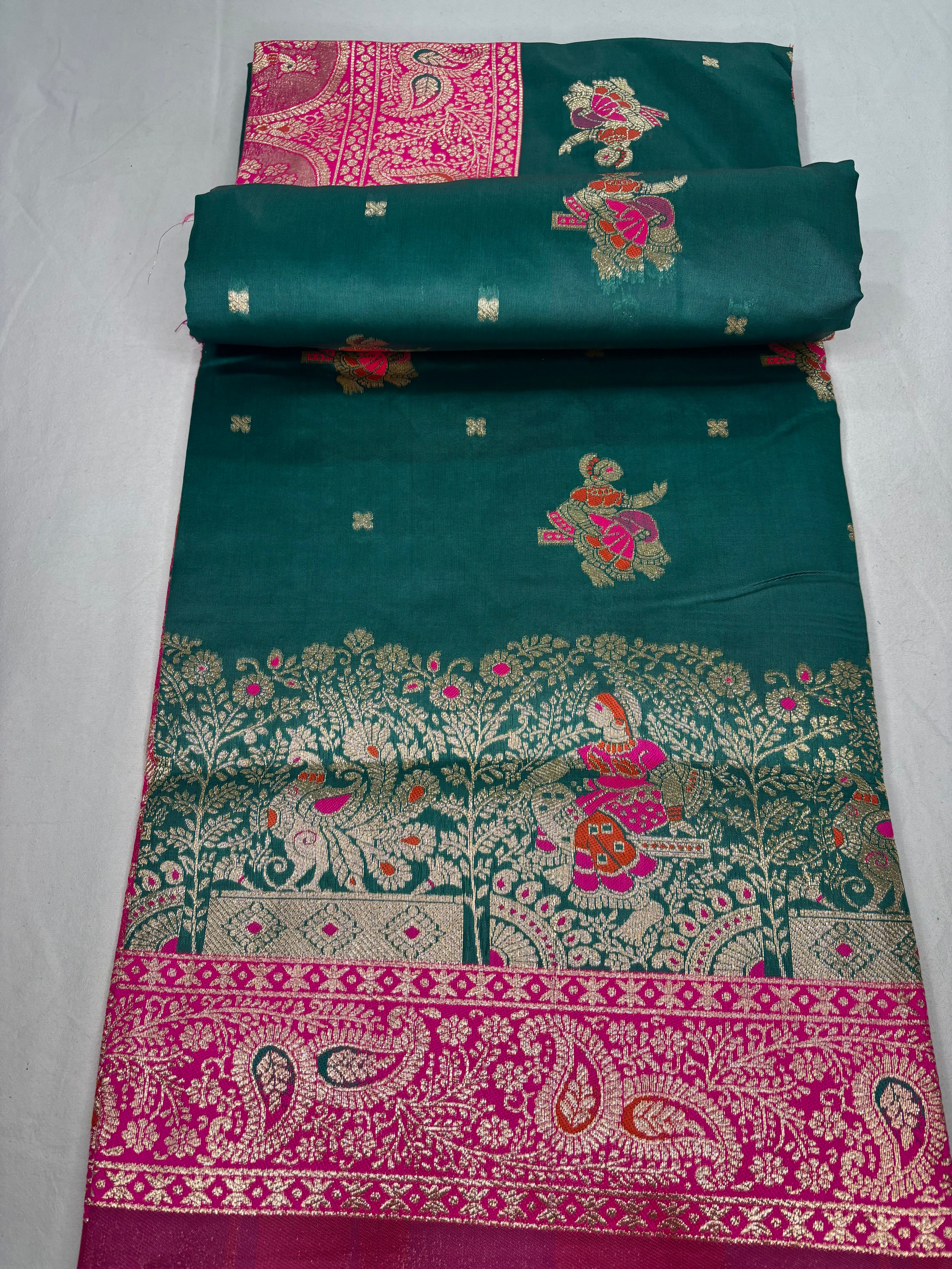 Jacquard Pashmina Peacock Girl Print Elegant Sari with Zari Work for Festive Wear