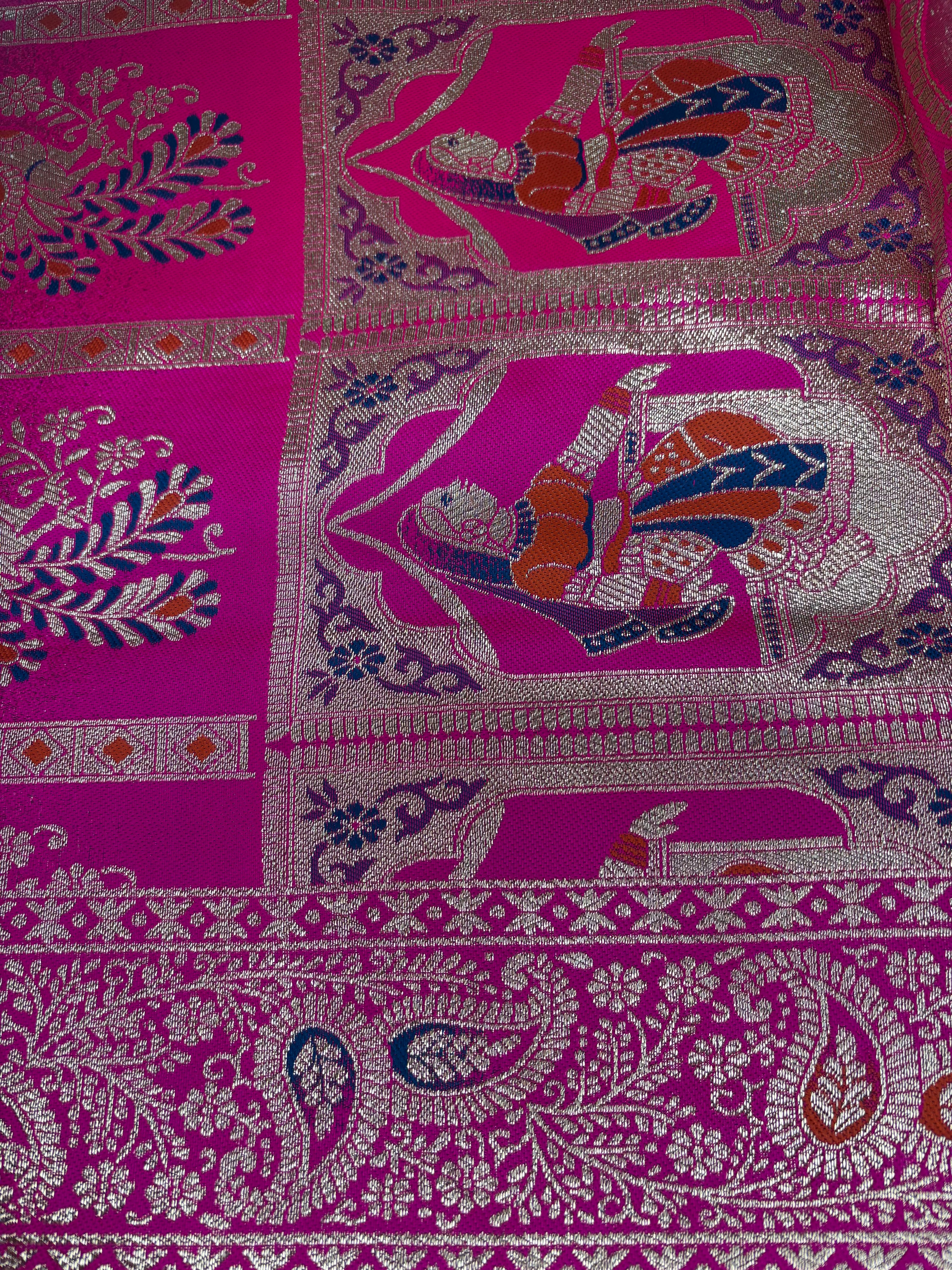 Jacquard Pashmina Peacock Girl Print Elegant Sari with Zari Work for Festive Wear